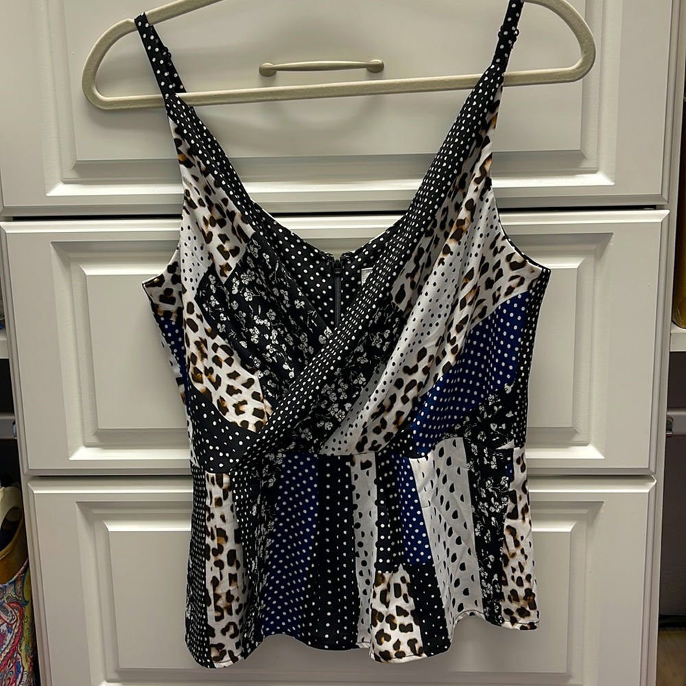 Cabi top. Size 6.  Black, blue, brown. Multi designs.